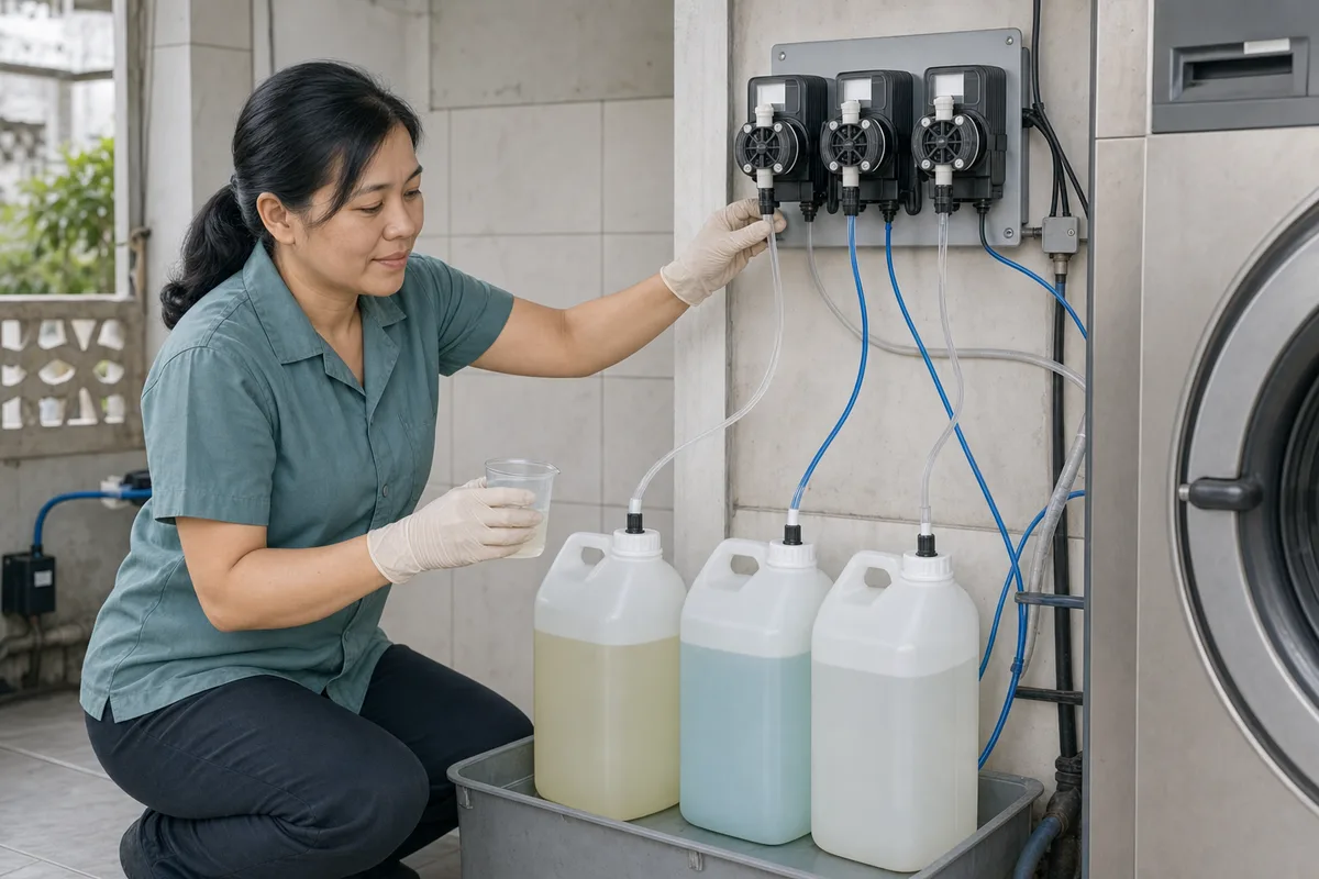 Kỹ thuật viên tiệm giặt kiểm tra chất liệu vải trang phục cao cấp trước khi chọn quy trình giặt hấp.