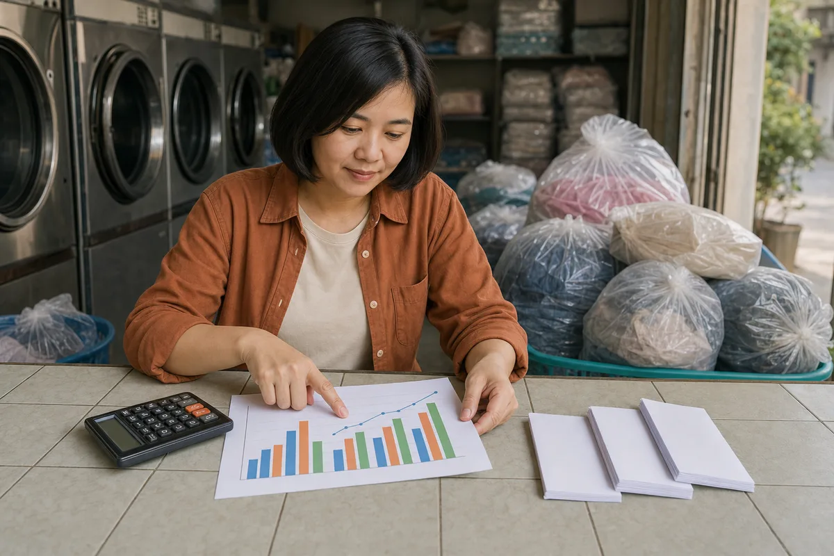 Chủ tiệm giặt rà soát bảng chi phí vận hành và hóa đơn điện nước hàng tháng.