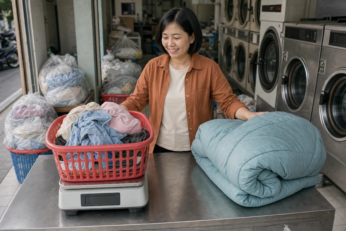 Chủ tiệm chuẩn bị bảng giá dịch vụ chăm sóc quần áo theo món.