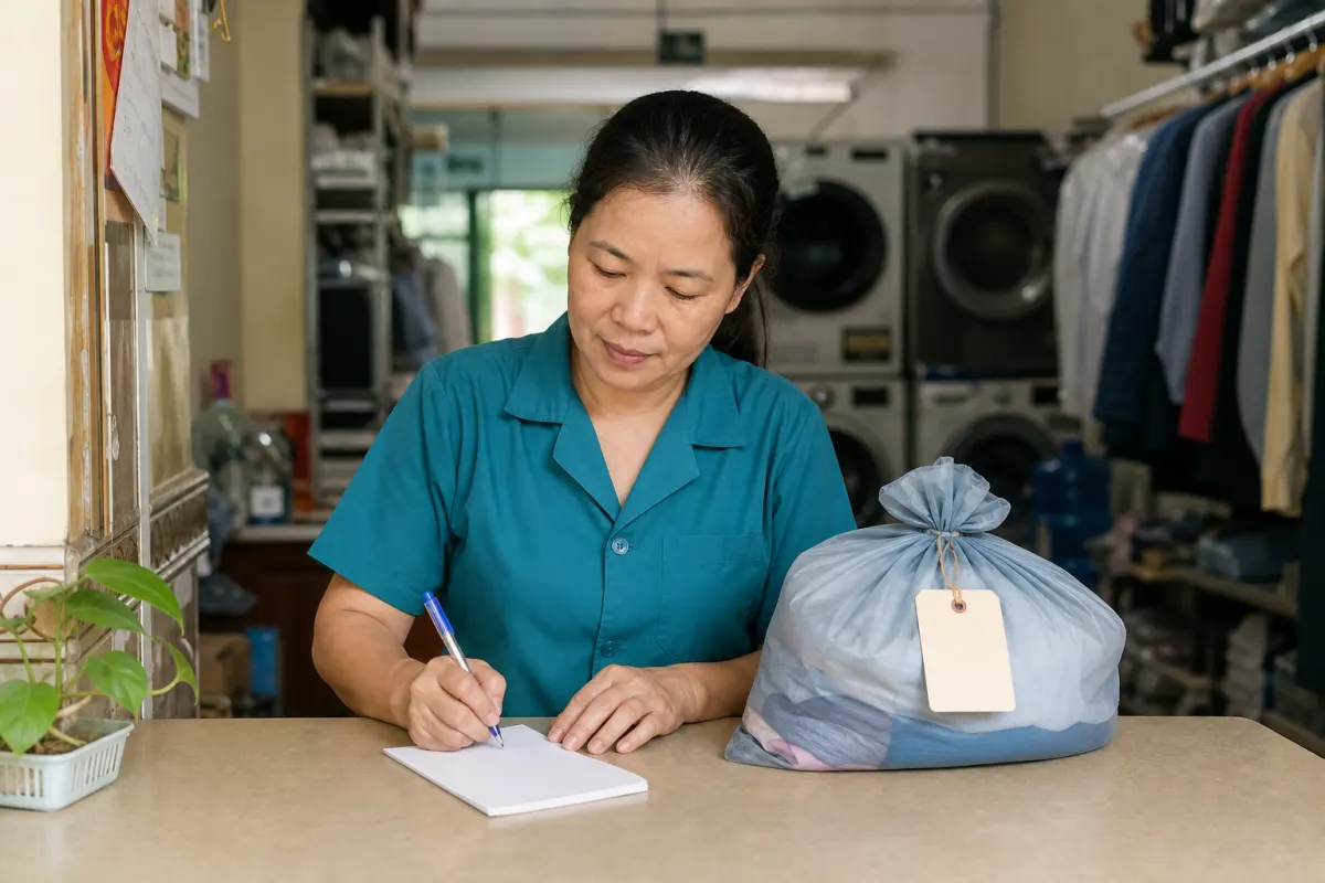 Nhân viên tiệm giặt gắn nhãn mã đơn và kiểm đếm quần áo trước khi đưa vào máy giặt.